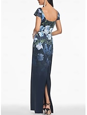 abordables BLEU-Robe de Soirée Colonne Imprimé Floral Marine Robe Élégante Robe de Mariage Invitée Formelle Longueur de Sol Manche Courte Col Bijou avec Paillettes Robe Invitée de Mariage