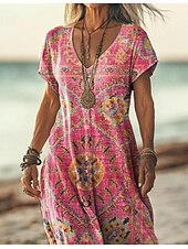 abordables Robes Boho-Femmes Robe maxi Robe Décontractée Robe trapèze Élégant Occasionnel Vacances Quotidien Coupe régulière Fleuri Manche Courte Col en V Magenta Printemps Automne
