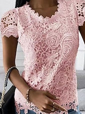 levne Krajkové topy-Dámské Halenka Pevná barva Elegantní Denní stylové Krátký rukáv Do V Běžné topy Denní Dovolená Jdeme ven Krajka Bílá Světlá růžová Fialová Vodní modrá Léto Jaro