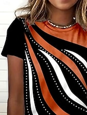 billiga Konst &amp; Design t-shirt-Dam T-shirt Grafisk Geometrisk Randig Elegant Vintage Mode Kortärmad Rund hals Vanliga toppar Dagligen Utekväll Helgen Mönster Orange Sommar