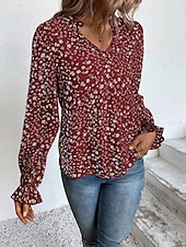 billige Kvinne Grafiske Topper-Dame Skjorte Bluse Blomstret Stilfull Fritid Langermet V-hals Vanlige topper Daglig Trykt mønster Vin Grønn Beige Sommer Vår