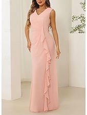 baratos Vestidos para Madrinhas-sereia / trompete vestido de dama de honra decote em v sem mangas elegante comprimento até o chão chiffon com babados / franzidos 2025