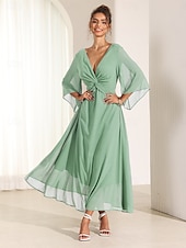 economico Abiti da festa-abito da cocktail per invitati a nozze da donna in chiffon tinta unita con volant intrecciato elegante abito lungo estivo scollo a V svasato manica a 3/4