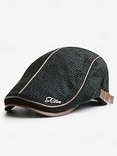 preiswerte Herrenhüte-Stylische schwarze Newsboy-Kappe für Herren mit Lederbesatz, atmungsaktivem Stoff, verstellbare Passform – lässiger Vintage-Flachhut für den Alltag und Outdoor-Aktivitäten