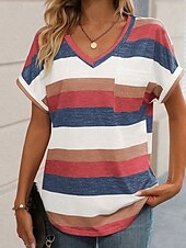 cheap Stripe&amp;Geometric tee-Women&#039;s T Shirt Striped Fashion Modern Casual Short Sleeve V Neck Regular Tops Daily Weekend Pink Wine Sky Blue Summer Spring
