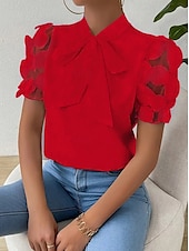 ieftine Topuri din dantelă-Bluză Pentru femei Negru Alb Roșu-aprins Culoare solidă / simplă Dantelă Funde Zilnic Elegant Guler în picioare Fit regulat S