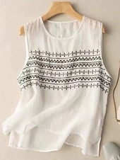 رخيصةأون قمصان مزيفة أساسية-نسائي قميص قمصان قطنية كتان بلوزة كتان قطني صناعي طباعة هندسي أساسي كاجوال بدون كم رقبة عالية مدورة قمصان عادية مناسب للبس اليومي أبيض كاكي رمادي الصيف