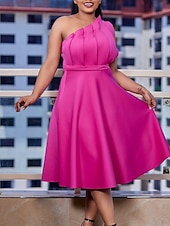 preiswerte Kentucky Kleid-Kentucky Derby Damen Midi Kleid A-Linie Kleid Fit And Flare Kleid Elegant Formal Party Hochzeitsgast Verlobung Reguläre Passform Grafisch Ärmellos Eine Schulter Weiß Pink Rot Fuchsia