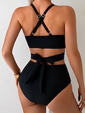 voordelige Bikinisets-Dames Zwemkleding Bikini 2 stuks Onderbroeken Zwempak Netstof Blote rug Slank Hoog getailleerd Vakantie Strand Kleding Effen Kleur Ronde hals Mouwloos Badpakken