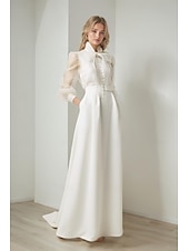 abordables robes de mariée décontractées-Robe de soirée sirène  trompette élégante formelle mariage traîne de cour manches longues col chemise ceinture  sangle organza avec nœud(s)