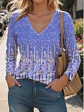 abordables T-shirt Boho-T-shirt femme à col V manches longues tunique mode moderne décontracté tops réguliers impression quotidienne week-end blanc bleu royal bleu vert kaki automne hiver