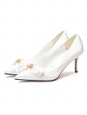 cheap Formal-Satin Bow Wedding Pumps – Women&#039;s Chic Pointed Toe Stiletto Heels with Pearl Accents for Bridal Wear