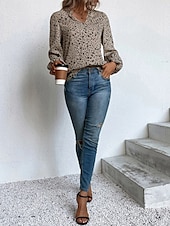 billige Kvinne Grafiske Topper-Dame Skjorte Bluse Blomstret Stilfull Fritid Langermet V-hals Vanlige topper Daglig Trykt mønster Vin Grønn Beige Sommer Vår