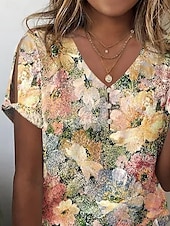 abordables Hauts Floraux-Blouse pour femmes graphique floral décontractée manches courtes col en V hauts réguliers quotidien impression jaune été