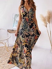 abordables Robes de vacances-Femme Robe Maxi Robe casual mode Décontractées Vacances Casual du quotidien Standard Graphic Sans Manches Col V Noir Blanche Bleu Vert Eté Printemps