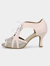 economico Scarpe per balli latini-scarpe da ballo nude con lacci e ritagli in rete – punta aperta, tacco medio per donna – perfette per lezioni di danza e spettacoli