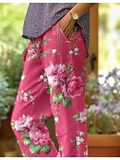 baratos Calças de perna reta-Calças de Algodão e Linho Femininas Calças Largas Estilo Linho Moda Estilo de Rua Comprimento Total Cintura Alta Estampas Gráficas Florais Térmicas Quentes Respirável Macio Microelástico Para o Dia a