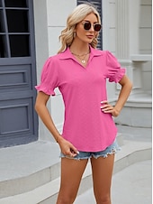 cheap Lace Tops-Women&#039;s Boho T-shirt Plain Bohemia Cute Stylish Short Sleeve Puff Sleeve V Neck Shirt Collar Regular Tops Daily Going out Weekend Ruffle Eyelet Sage Green Black White Pink Wine Summer
