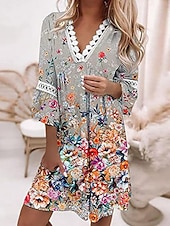 economico Abiti da vacanza-Per donna Mini abito Abito casual Abito linea A Moda Informale Da mare Giornaliero Standard Floreale Manica a 3/4 A V Bianco Blu reale Blu Verde Estate