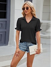 cheap Lace Tops-Women&#039;s Boho T-shirt Plain Bohemia Cute Stylish Short Sleeve Puff Sleeve V Neck Shirt Collar Regular Tops Daily Going out Weekend Ruffle Eyelet Sage Green Black White Pink Wine Summer