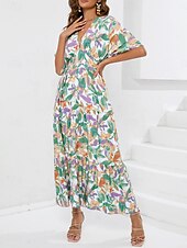 billiga Eleganta blommiga klänningar-Dam Maxiklänning Vardagsklänning A linjeklänning Stylish Ledigt Semester Dagligen Normal Blommig Halvlång ärm V-hals Blå Sommar