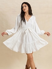 ieftine Rochii Albe Casual-rochie albă rochie mini pentru femei rochie casual rochie boho cu mânecă lungă boho mânecă lantern festival de muzică data nunții potrivire obișnuită uni mânecă lungă cravată gât în v toamnă albă de vară