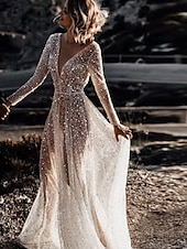 preiswerte lässige Brautkleider-Hochzeitskleider Ballkleid V-Ausschnitt Langarm Kapelle Zug Satin Brautkleider mit Falten gerafft