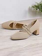 cheap Block Heels-Breathable Fly-knit Mary Jane Pumps with Double Buckle Detail and Chunky Heel, Elegant Style for Women, Ideal for Work, Events and Formal Occasions