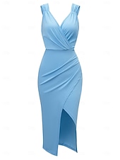 abordables Robe Simple-Robe Midi Femme Robe d&#039;Été Uni Robe Bodycon Hors des Épaules Robe Semi-Formelle Invité de Mariage Cocktail Soirée Ajustement Normal Graphique Sans Manches Col V Noir Vert Bleu Clair