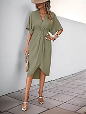 cheap Plain Dress-Women&#039;s Mini Dress Wrap Dress T Shirt Dress Tee Dress Solid Color Casual Vacation Daily Regular Fit Plain Short Sleeve V Neck Black Wine Khaki Army Green Summer