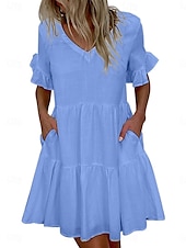 preiswerte Abschlusskleider-Damen Minikleid Weißes Kleid Casual kleid Rüschenkleid Kleid mit Puffärmeln Basic Brautkleider schlicht Urlaub Täglich Regular Fit Glatt Ärmellos V Ausschnitt Weiß Gelb Blau Sommer