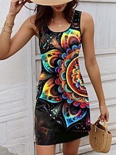 ieftine Rochii florale-Pentru femei Rochie Mini Rochie A line Rochie de vară Rochie cu umeri Vacanță Casual Zilnic Potrivire Largă Floral Grafic Epocă Fără manșon În U Negru Vară