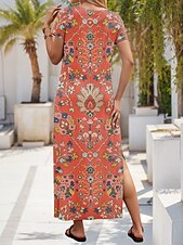 ieftine Rochii boho-Pentru femei Rochie Maxi Rochie casual Rochie A line Stilat Casual Vacanță Zilnic Fit regulat Floral Manșon scurt În V Portocaliu Primăvară Toamnă