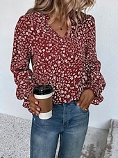 billige Kvinne Grafiske Topper-Dame Skjorte Bluse Blomstret Stilfull Fritid Langermet V-hals Vanlige topper Daglig Trykt mønster Vin Grønn Beige Sommer Vår