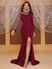 preiswerte SCHWARZ-Meerjungfrau  Trompete Abendkleid elegantes Kleid formelle Abendveranstaltung Court Train lange Ärmel Rundhals Stretch-Crepe mit Kristallen 2025