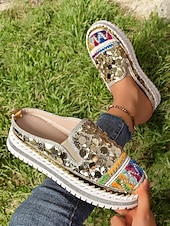 levne Pohodlné sandály-dámské zlaté flitrové tenisky na platformě mules – třpytivé slip-on boty s vyšívanými detaily pro festivaly, párty a street fashion