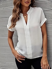 abordables Hauts de Travail pour Femmes-Femme Chemise Chemisier Couleur unie mode Décontractées Manche Courte Col cranté Hauts réguliers du quotidien Noir Blanche Bleu Fuchsia Eté Printemps