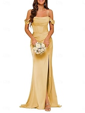 cheap Bridesmaid Dresses-A-Line Bridesmaid Dress Spaghetti Strap Sleeveless Elegant Floor Length Nylon with Split Front 2022