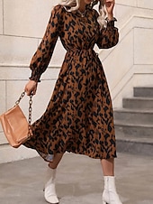 olcso Művészet és Design Ruha-Női Midi ruha A vonalú ruha Puff ujjú ruha Elegáns Szabadság Stílusos Puffos Vakáció Hétköznapi Napi Normál Grafika Hosszú ujj Terített nyak Fehér Rubin Barna Nyár