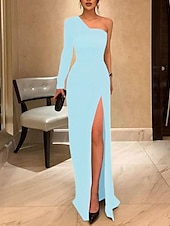 levne černý-Sheath večerní šaty elegantní šaty ples formální večerní dlouhá délka dlouhý rukáv jedno rameno podzimní svatební host elastická tkanina s lesklým rozparkem v čisté barvě maskovací šaty 2025