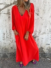 ieftine Rochii de Vacanță-Pentru femei Rochie Lunga Rochie Maxi Rochie casual Rochie Maxi Rochie de vară Stilat Casual Manșon de lanternă Vacanță Zilnic Dată Fit regulat Simplu Manșon Lung În V Roz Îmbujorat Roșu-aprins Kaki