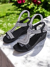 economico Sandali con zeppa-sandali con cinturino a T scintillanti per donna: sandali con zeppa comodi ed eleganti con accenti di strass, ideali per uscite informali, feste estive e occasioni speciali