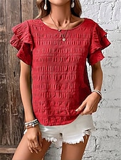 cheap Work Tops-Women&#039;s Blouse Solid Color Elegant Daily Stylish Short Sleeve Crew Neck Regular Tops Daily Holiday Going out Ruffle Patchwork Sage Green Red Navy Blue Purple Green Summer Spring