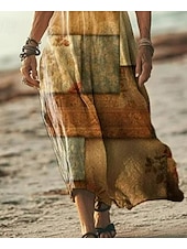 abordables Robes Boho-Femmes Robe maxi Robe Décontractée Robe trapèze Élégant Occasionnel Vacances Quotidien Coupe régulière Géométrique Manche Courte Col en V Jaune clair Printemps Automne