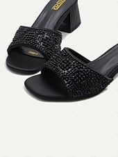 cheap Vacation Sandals-Women&#039;s Light Blue Pearl-Embellished Block Heel Mules – Elegant Open-Toe Slip-On Sandals for Summer Parties &amp; Evening Wear