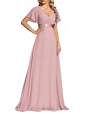 baratos Vestidos para Madrinhas-vestido de dama de honra linha a decote em v manga curta elegante comprimento até o chão chiffon com faixa / fita / franzido 2025