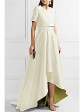 preiswerte Mamas Kleidersets-Zweiteiliges Sheath Mutter der Braut Kleid Hochzeitsgast Kirche Elegant Einfach Hoch Low Juwel-Hals Asymmetrisch Taffeta Kurzarm mit Falten Einfarbig 2025 kostenlose Maßanfertigung