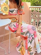 tanie Sukienki boho-Damskie Długa sukienka sukienka maxi Codzienne sukienki Letnie sukienki Sukienka Boho Moda Latarnia rękawem Na zewnątrz Święto Randka Regularny Geometryczny Krótki rękaw Z odsłoniętymi ramionami