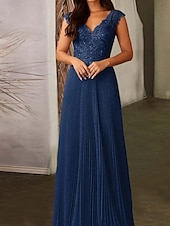 baratos Comprimento do chão-Linha A Vestido Para Mãe dos Noivos Elegante Simples Minimalista Decote V Longo Renda Tule Sem Manga com Apliques 2025
