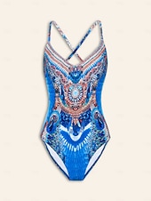 baratos trajes de banho de grife-Maiô de férias com estampa de leopardo e penas, tecido elástico de alta elasticidade e amarração nas costas.